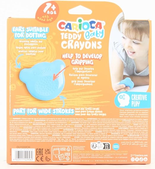 CARIOCA Pastelli Baby Teddy Crayons, Scatola di 6 Pastelli Colorati a Forma di Orsetto, Pastelli Per Bambini dai 12 Mesi, 6 Pezzi