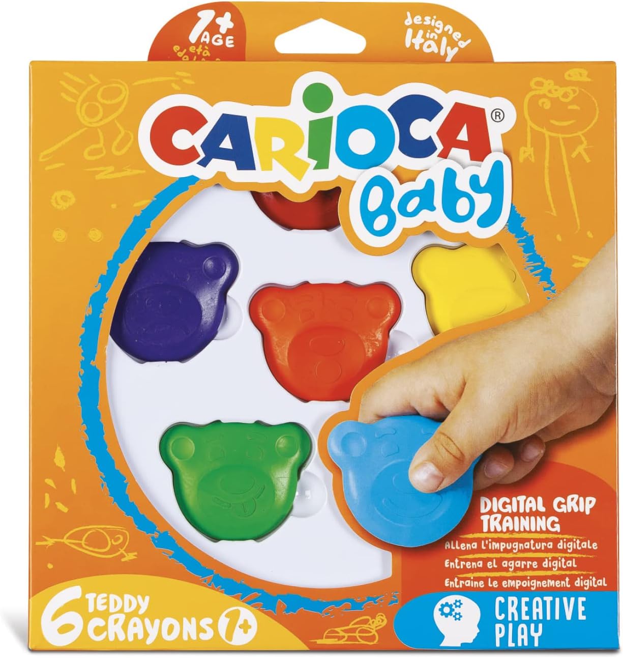 CARIOCA Pastelli Baby Teddy Crayons, Scatola di 6 Pastelli Colorati a Forma di Orsetto, Pastelli Per Bambini dai 12 Mesi, 6 Pezzi