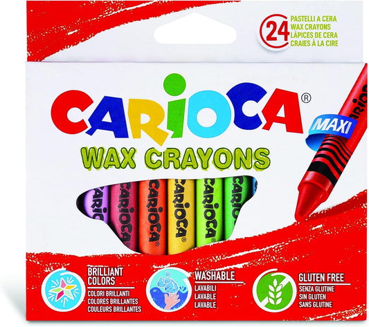 CARIOCA Pastelli Maxi Wax, Pastelli a Cera Lavabili con Punta Grossa per Bambini, Morbidi e Scorrevoli, Colori Assortiti e Brillanti, Facili da Temperare, 24 Pezzi