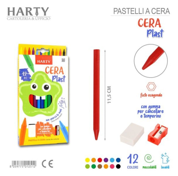 Pastelli cera con gomma e temperino 12col.